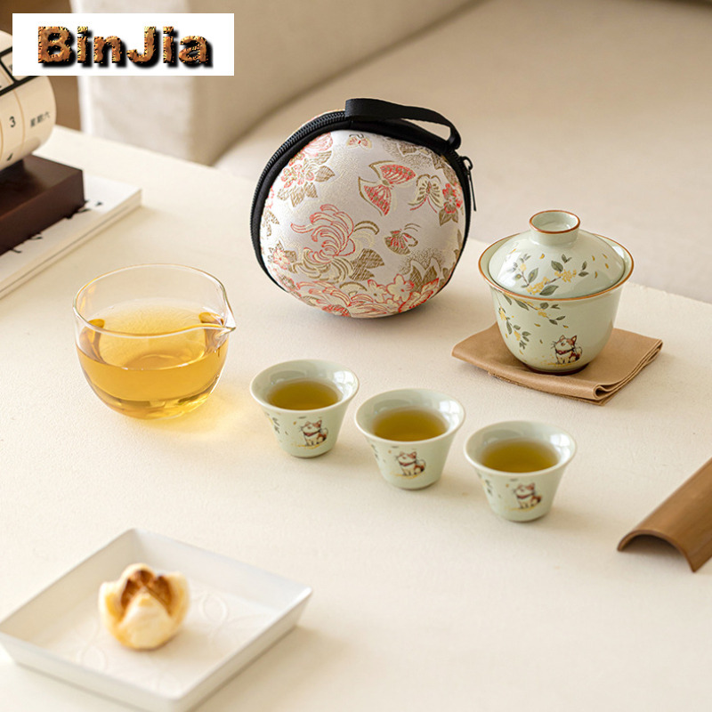 Luxury Bags Hand Painted - Handgeschilderde Osmanthus en Kat Reizen Theeservies