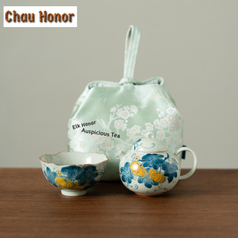 Luxury Bags Hand Painted - Handgeschilderde Pompoen Reizen Theeservies Kit Luxe