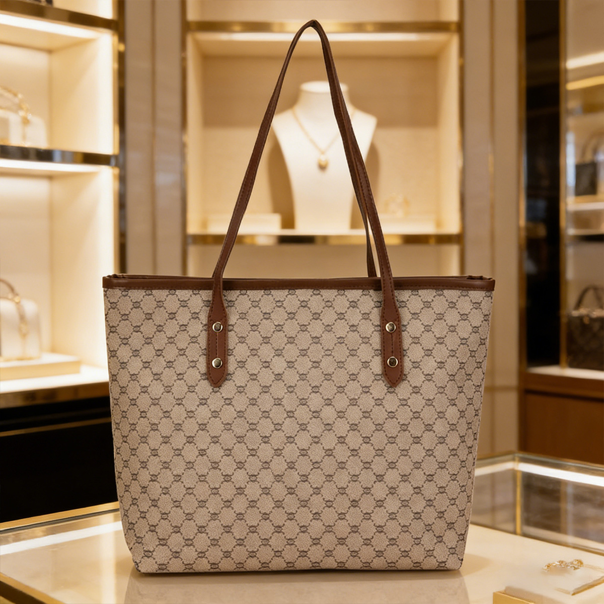 Tote Bag Leather Monogram - Luxe vintage dames draagtas met monogramprint,